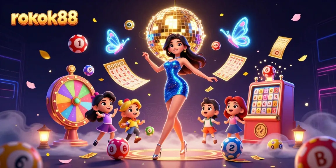 Experience vibrant excitement at rokok88 with a dazzling casino scene filled with lottery balls and prizes.