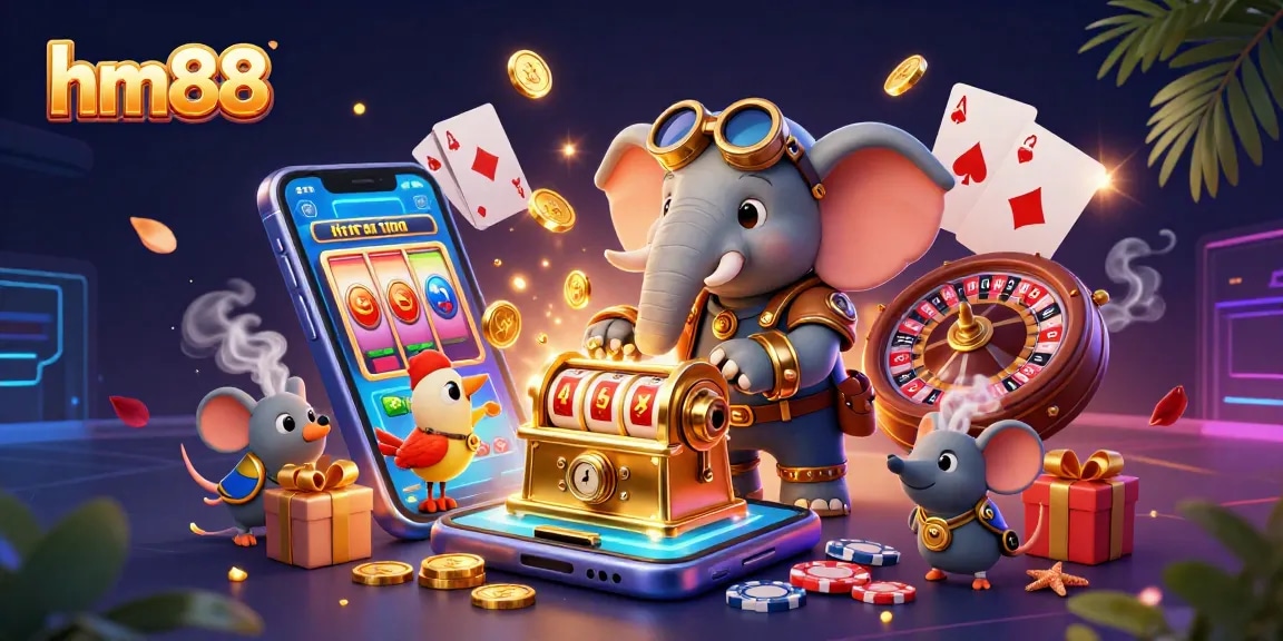 Engage in thrilling gameplay at hm88 with a steampunk-themed scene featuring a mechanical elephant and vibrant gaming elements.