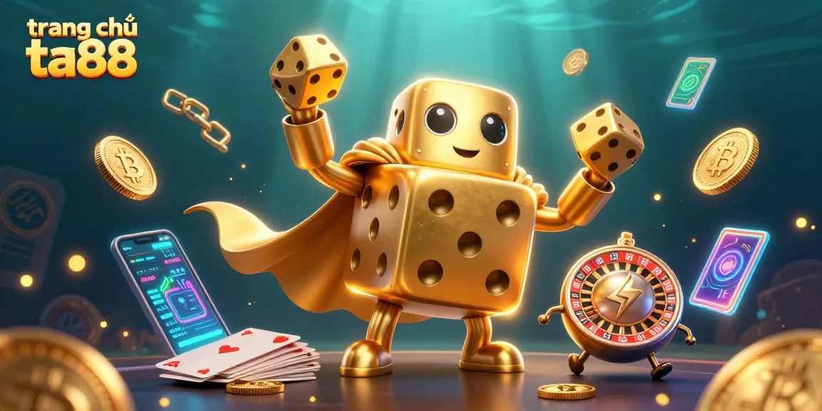 Engage with the excitement of trang chủ ta88 featuring a golden dice golem and crypto elements.