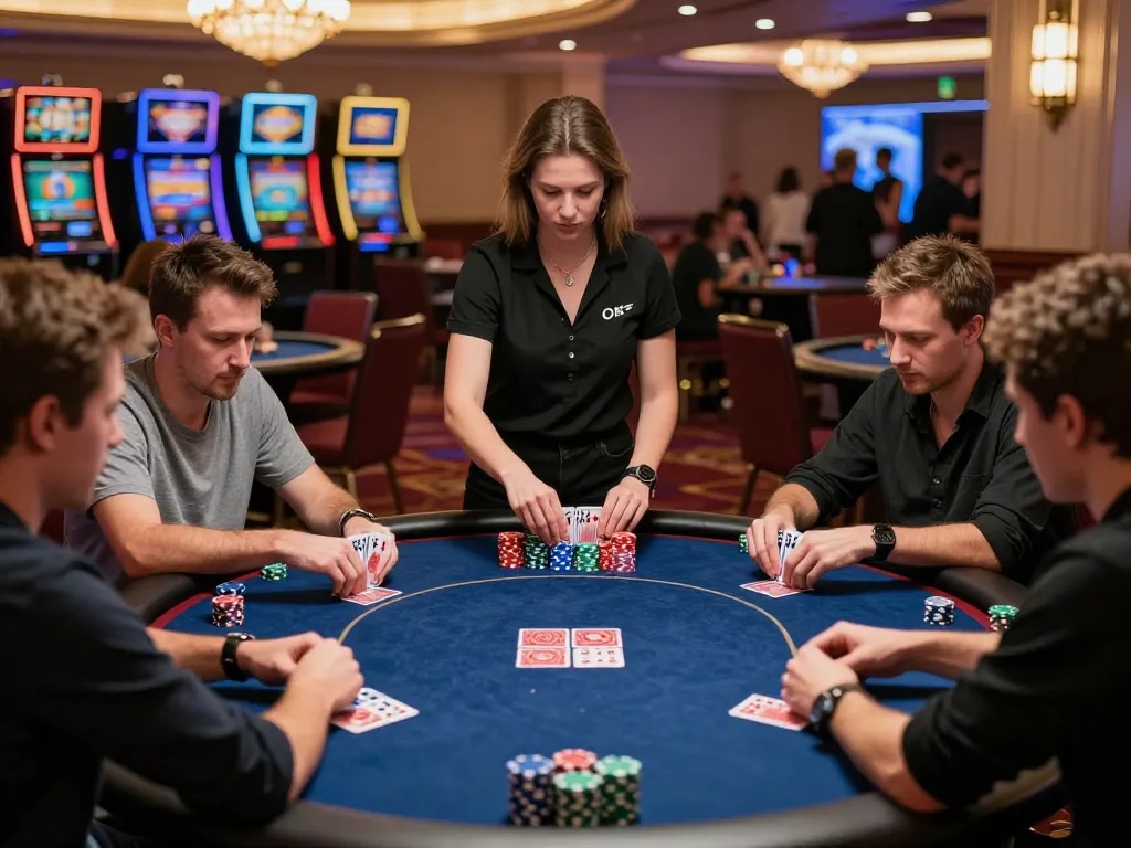 88vv players engaged in an intense live poker game in a luxurious casino setting, showcasing strategic gameplay.
