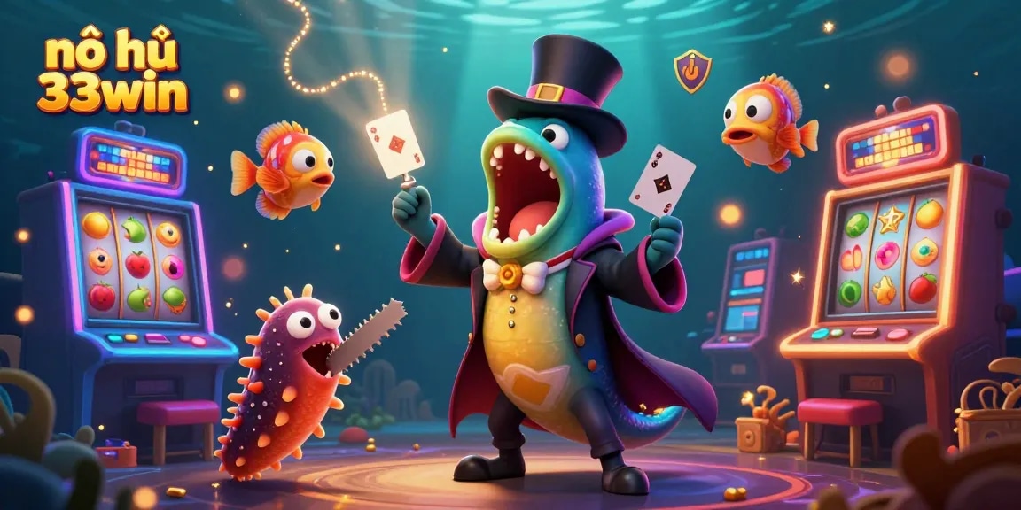Nổ hũ 33win showcases an enchanting underwater scene with vibrant slot machines, where deep-sea creatures perform magic and create exciting gaming moments.