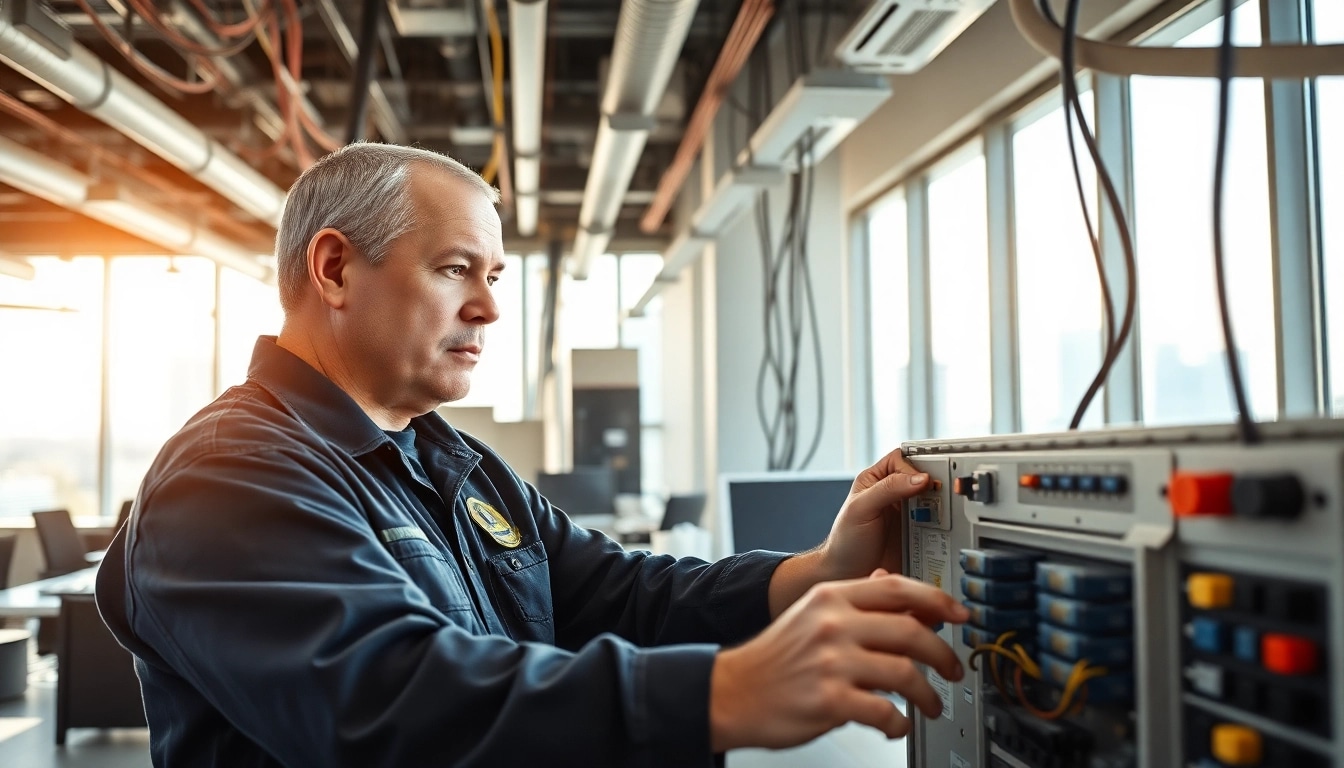 Commercial electrician Vancouver expertly working on electrical systems in a modern office.