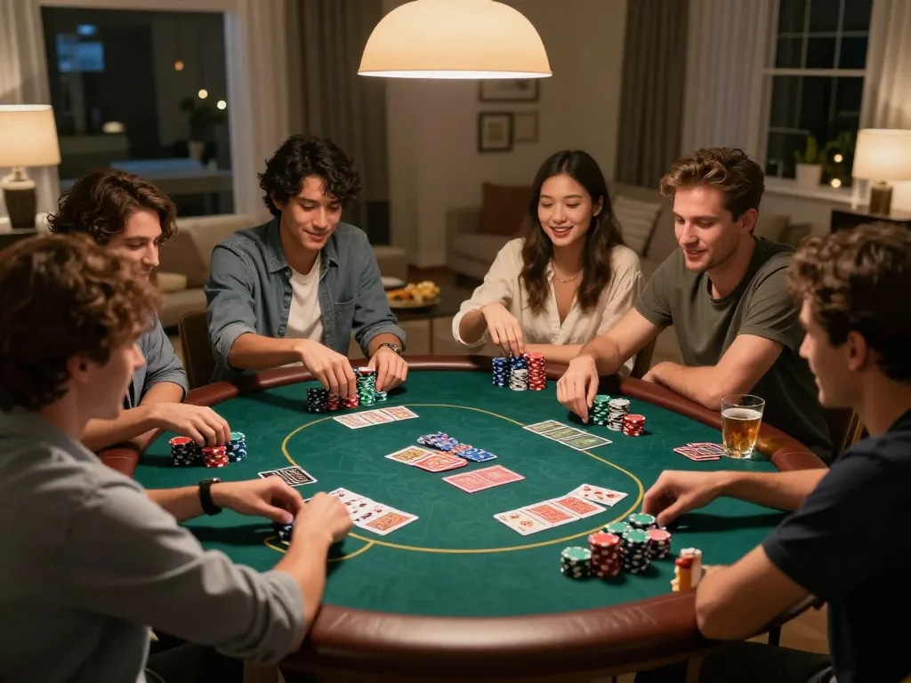 Friends enjoying a cozy poker night with LC88, engaging in strategic gameplay with chips and cards.