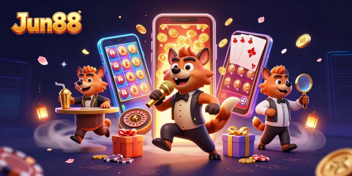 Engaging Jun88 casino scene showcasing lively hyenas in a vibrant entertainment club.