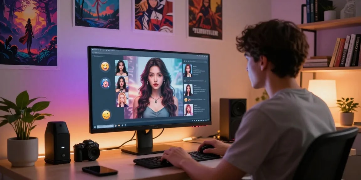 Engaging NSFW AI interaction scene featuring a user customizing their AI girlfriend persona on a modern workstation.