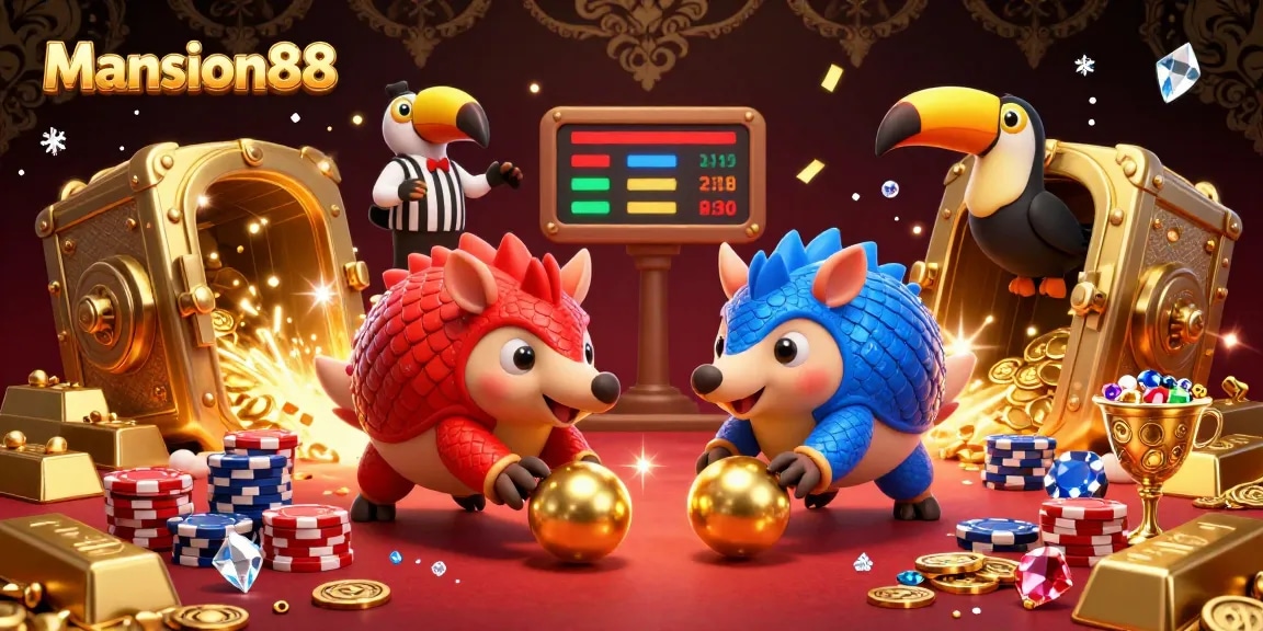 Mansion88 betting rivals clash in a dynamic casino scene, rolling golden balls amidst poker chips and dazzling treasures.
