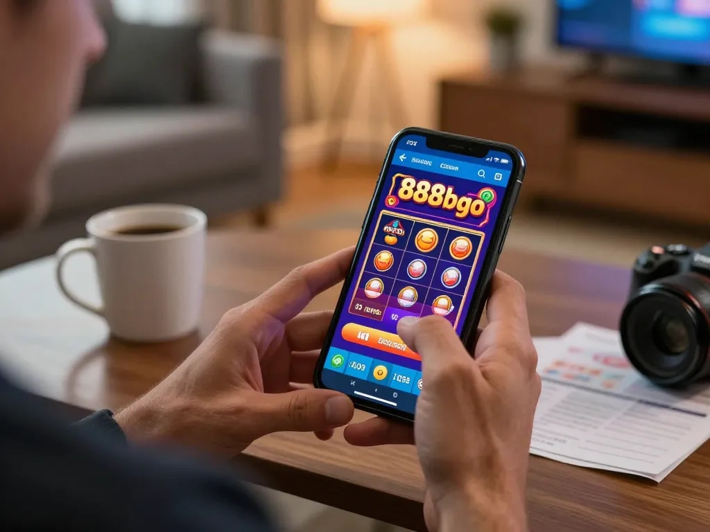 Playing casino games on the 888bgo app with engaging slot graphics on smartphone