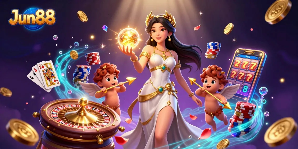 Experience thrilling wins at Jun88 with a goddess surrounded by lucky gaming elements.