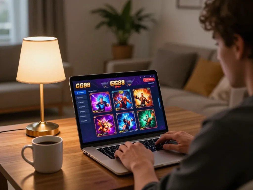 Join the excitement of online gaming with GG88 Pro on a laptop in a cozy home setting