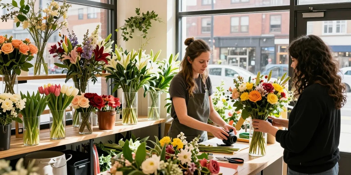 Edmonton florist crafting a vibrant bouquet with seasonal flowers in a bright flower shop.