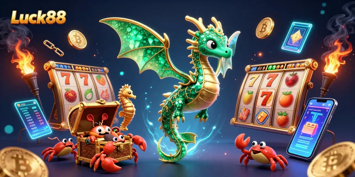 Experience the excitement of Luck88 with vibrant slot symbols, sea creatures, and crypto elements in 3D!