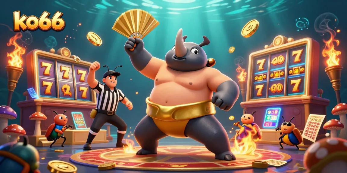 Experience the excitement at ko66 with a lively sumo champion beetle amid rich casino elements.