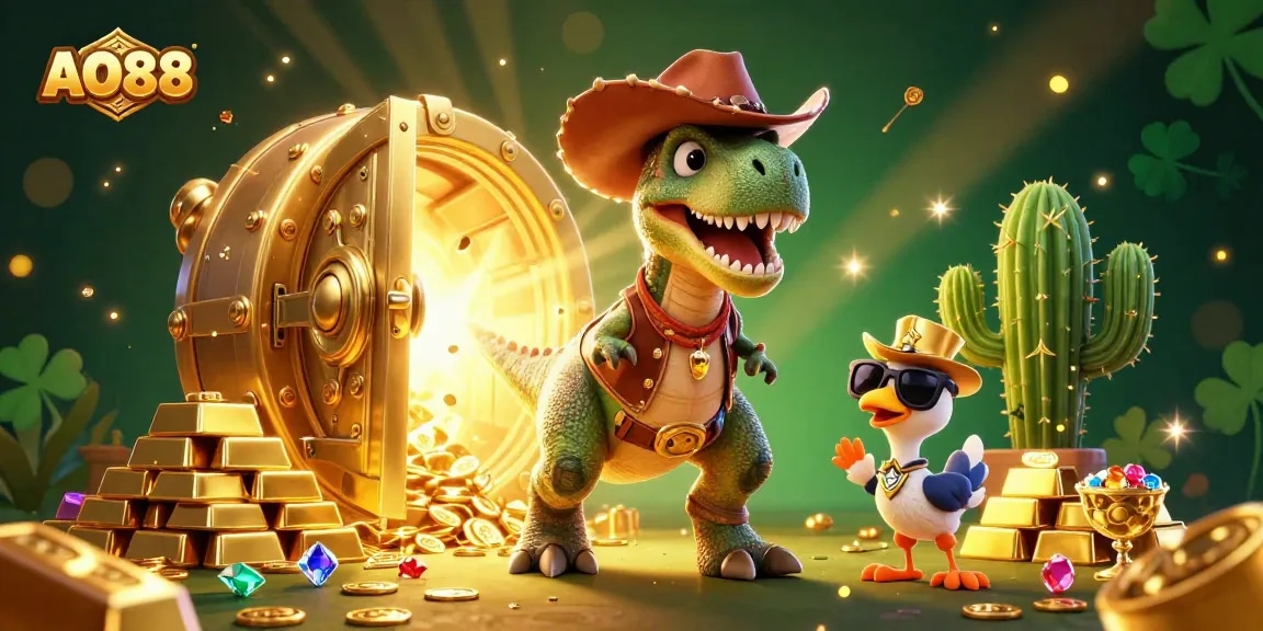 A dynamic scene showcasing AO88's adventurous spirit with a T-Rex cowboy, treasure vault, and vibrant gaming elements.