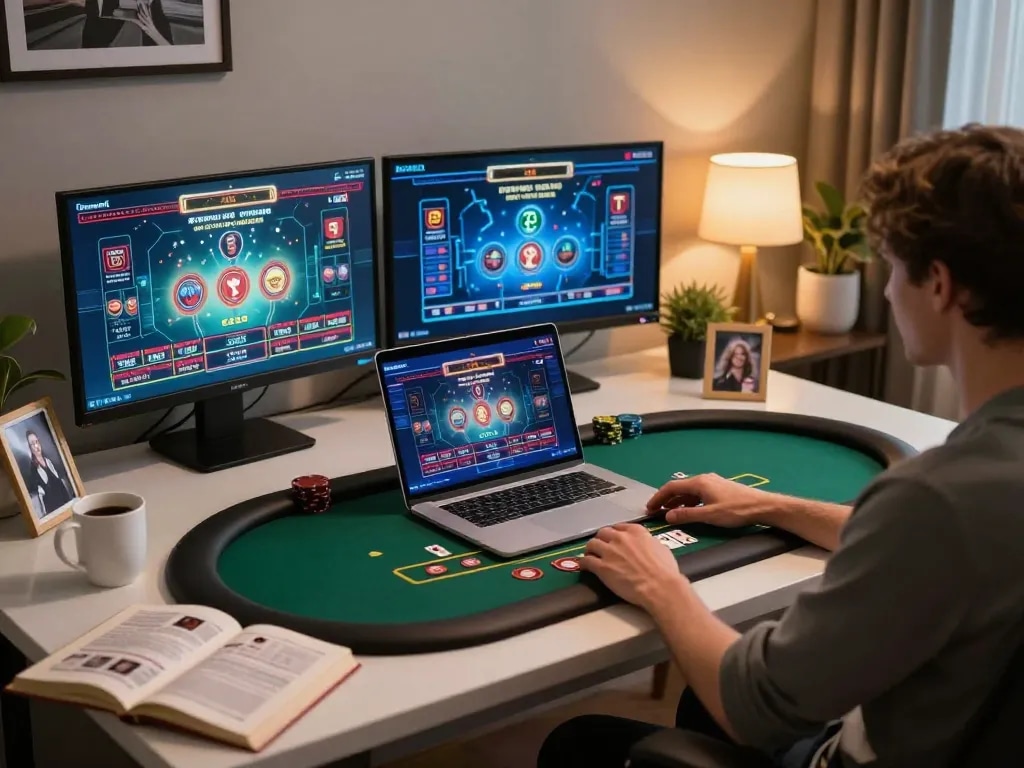Người chơi LUCK8 chiến lược trong một văn phòng tại nhà phong cách để có cơ hội blackjack tốt hơn.