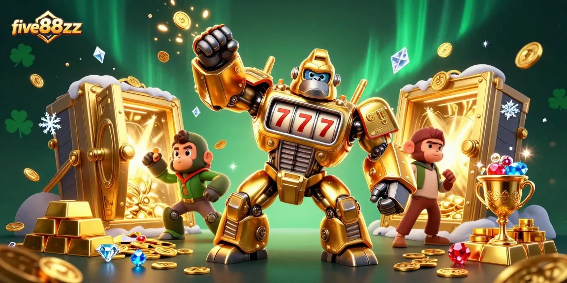Experience the excitement of five88zz slots with a dynamic scene featuring a golden gorilla mech and treasures.