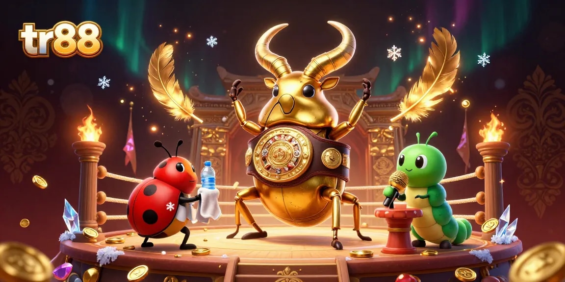 Experience thrilling wins at tr88 as a giant golden stag beetle faces off in a dazzling gaming arena.