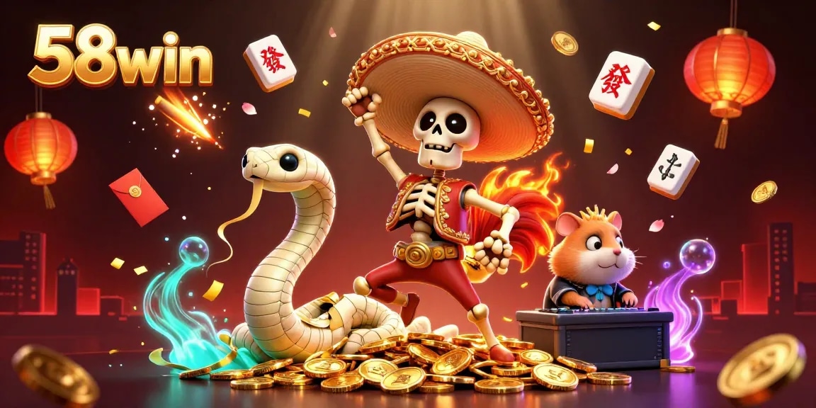 Experience the joy of winning at 58win with a vibrant casino-themed illustration showcasing dynamic characters and exciting game elements.