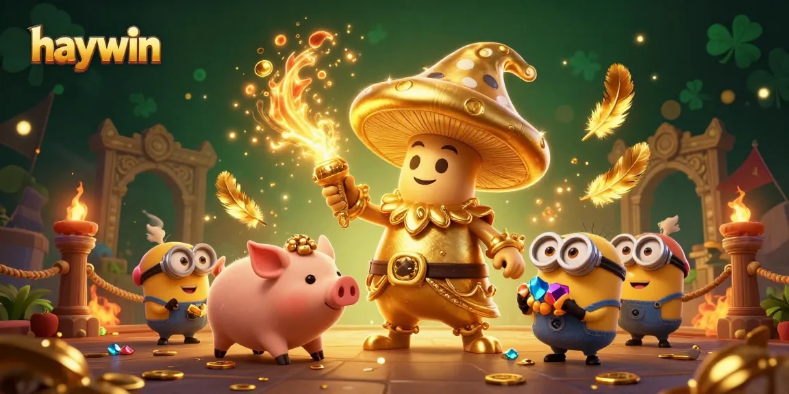 Experience thrilling gameplay at Haywin with a golden mushroom wizard and treasure-filled adventure.