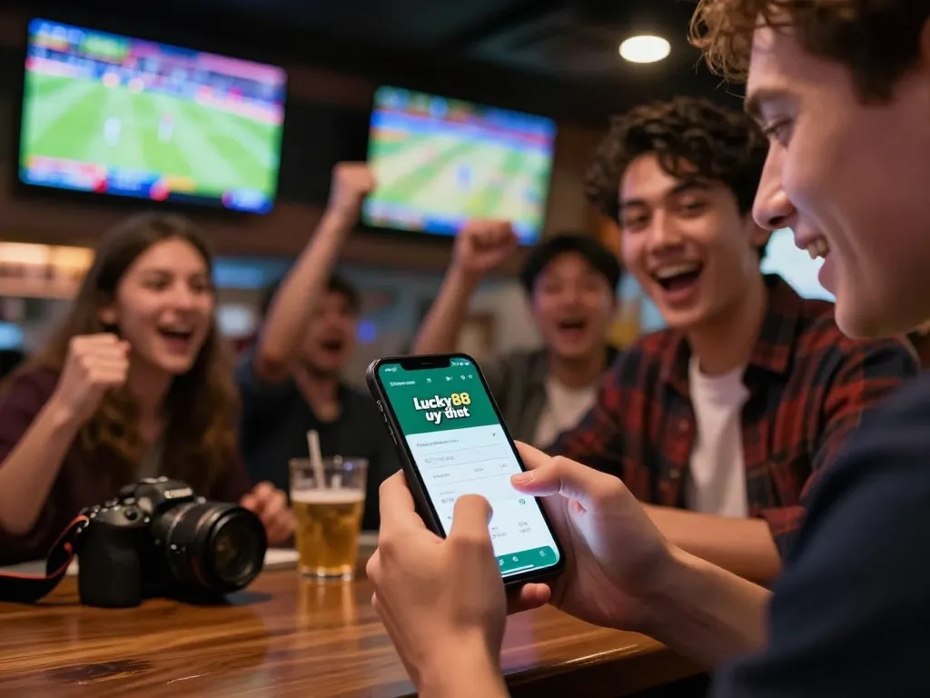Engaging moment of sports betting excitement at Lucky88 uy tín with friends cheering.