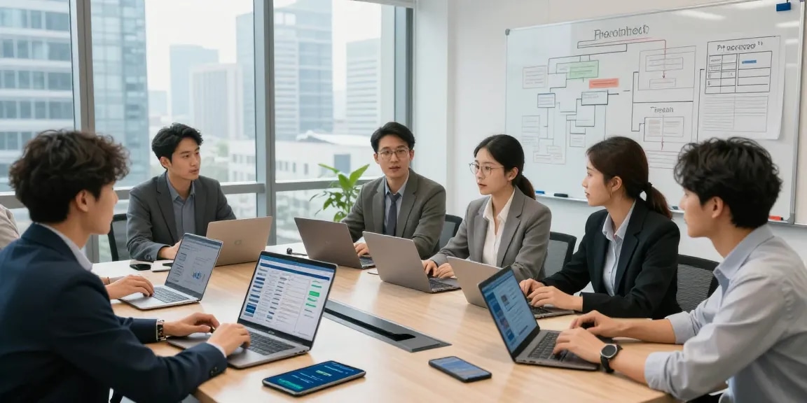 IT support business professionals collaborating in a modern corporate office meeting.