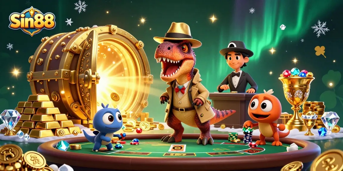 Sin88 features a cartoon velociraptor at a blackjack table, amidst dazzling casino treasures, capturing the excitement.