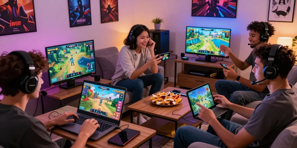 Exciting scene of diverse players enjoying interactive iwin online games together in a cozy living room.