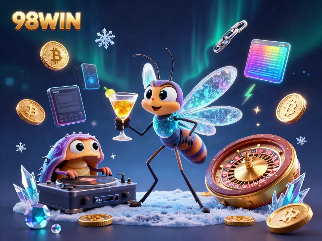 Join the 98WIN adventure with vibrant casino scenes and lively characters immersing in gaming excitement.