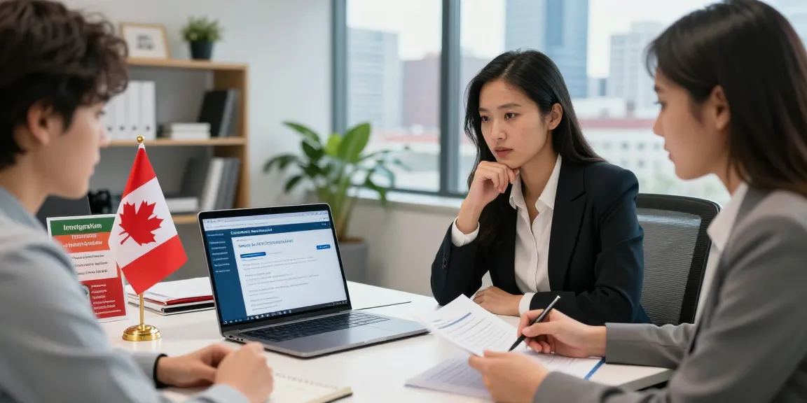 Consultant demonstrating a Canadian immigration application tool to a client in a modern office.