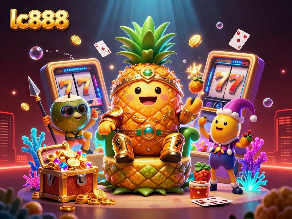 Experience thrilling gameplay with lc888's vibrant beach casino featuring a golden pineapple king and dynamic slot elements.