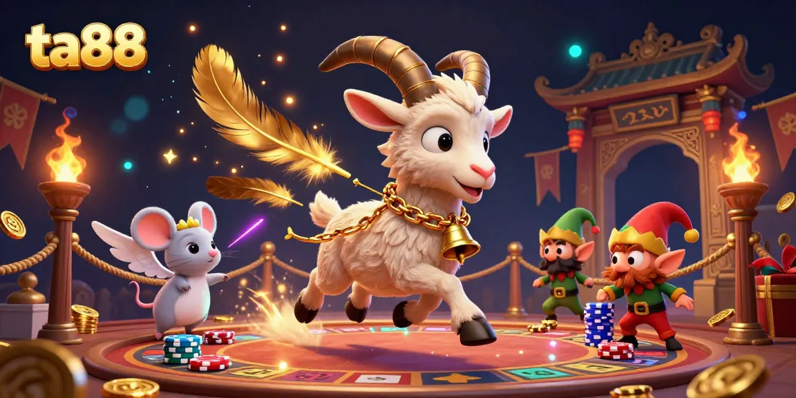 Engage with the thrilling ta88 casino world featuring a festive Krampus goat amidst dynamic characters and exciting gaming elements.