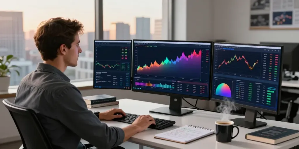 Trader analyzing market data on multiple screens in a dynamic trading workspace at slatecapivex.ca.