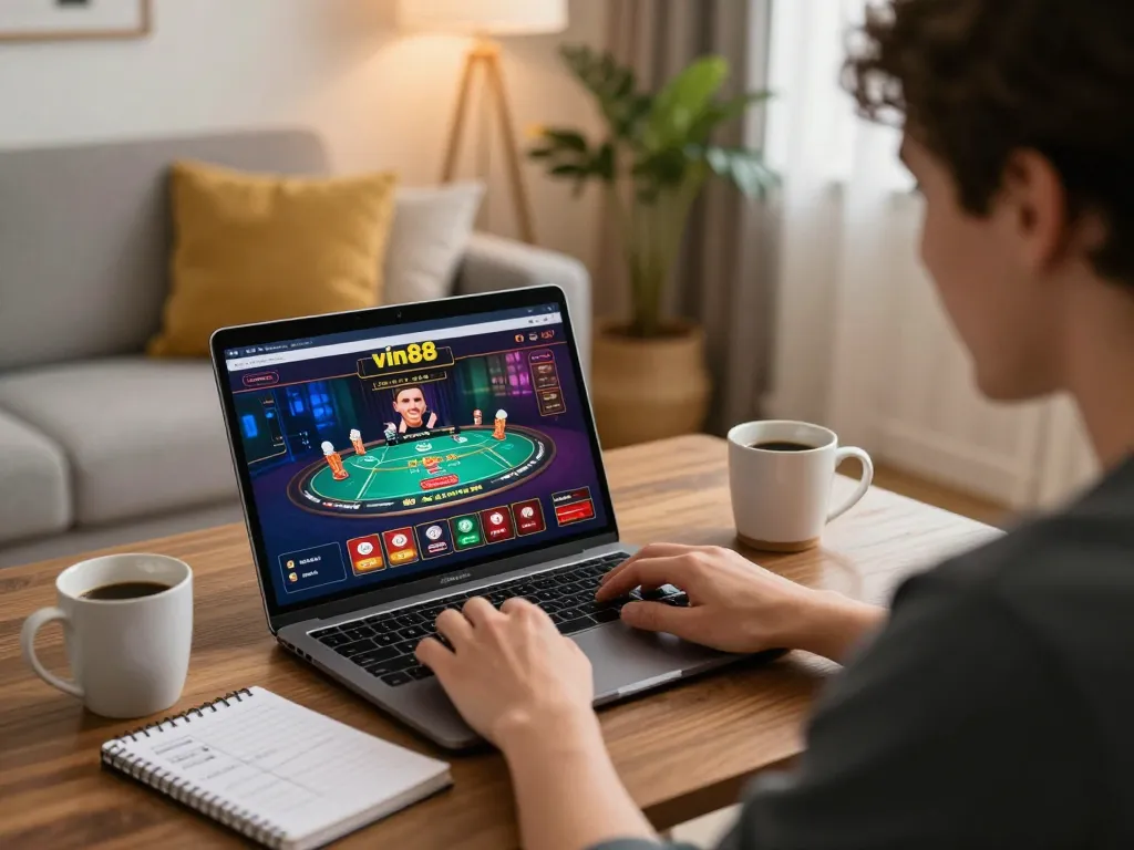 Engaging home setup with a player focused on vin88 online poker game, cozy atmosphere.