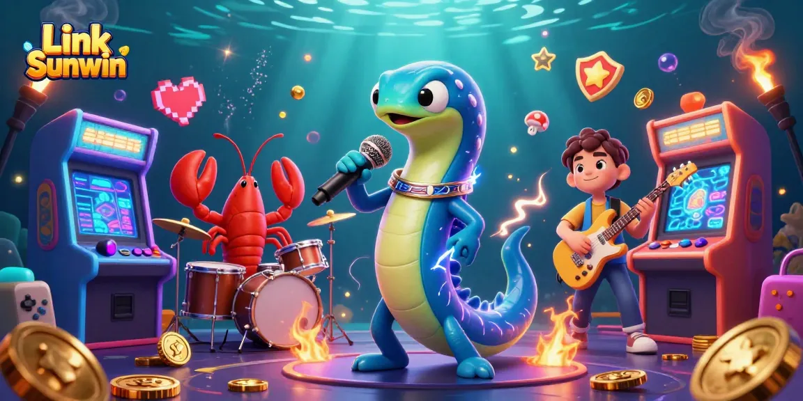 Experience the electrifying Link Sunwin show with an electric eel DJ and vibrant casino elements.