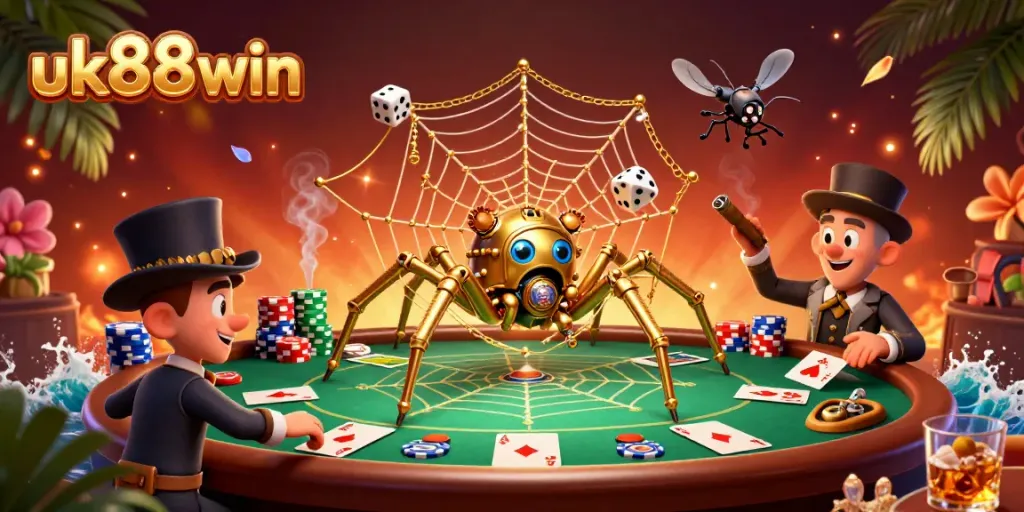 Experience the thrilling world of uk88win with a vibrant 3D casino scene featuring dynamic card game elements.