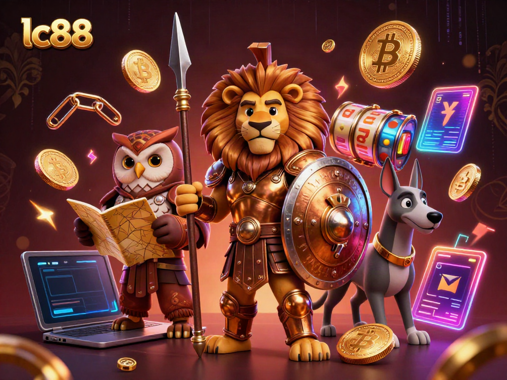 Engage with lc88's immersive online gaming experience featuring a heroic lion and tactical owl.
