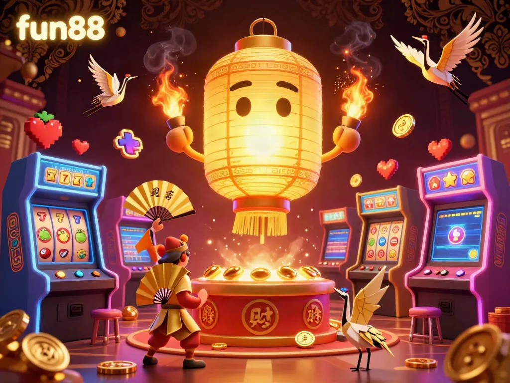 Experience fun88's vibrant casino atmosphere with a golden lantern spirit and arcade games.