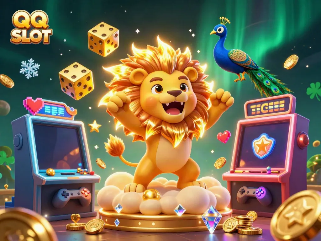 Experience the thrill of QQ SLOT with vibrant characters and dynamic gaming elements in a rich, 3D digital illustration.