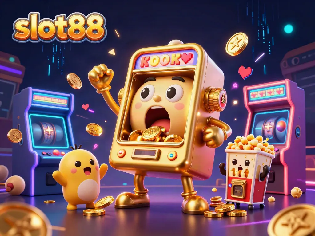 Experience slot88 winning moments with a golden slot machine celebrating jackpots amid a gamified world.