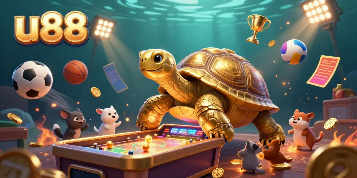 Experience the excitement of u88 with a vibrant 3D casino scene featuring a golden tortoise pinball machine, sports elements, and eager players.