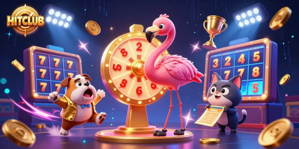 Engage with HITCLUB's thrilling prizes at the entertainment hub, showcasing a vibrant casino atmosphere.