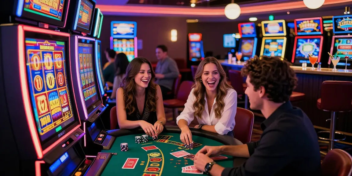 Players enjoying the excitement of casinos not on Gamstop, featuring lively slot machines and social gaming experiences.