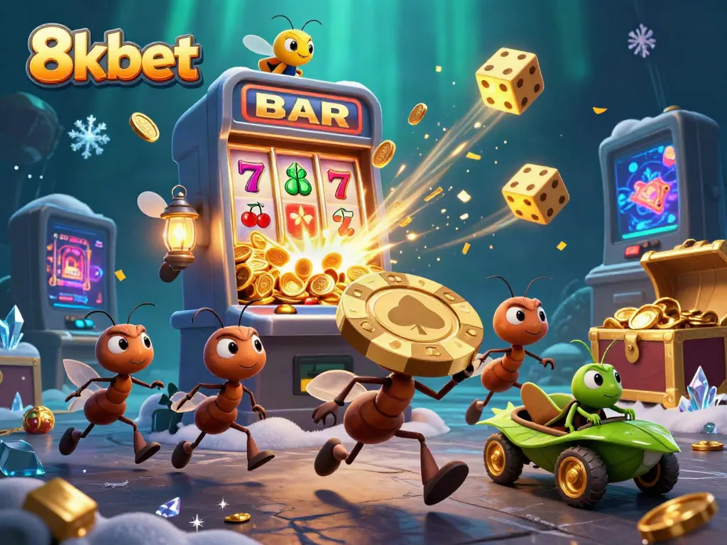 Experience thrilling gameplay with 8xbet as ants carry a golden poker chip amidst casino excitement.