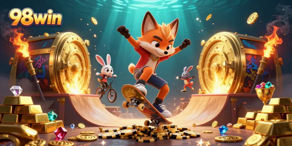 Experience thrilling gameplay with 98win as a skateboarder fox tricks over golden chips in a vibrant casino scene.