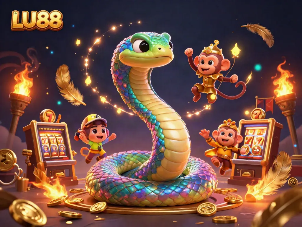 LU88 features an iridescent serpent and playful monkey king in a vibrant casino setting