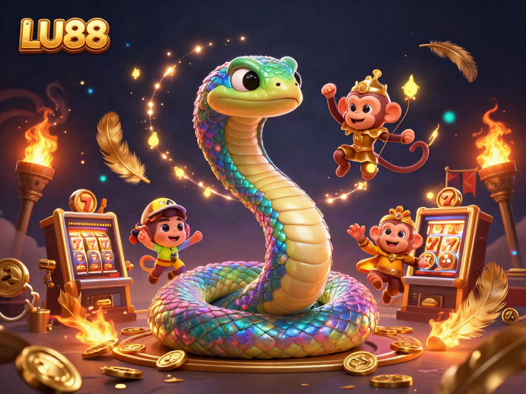 LU88 features an iridescent serpent and playful monkey king in a vibrant casino setting