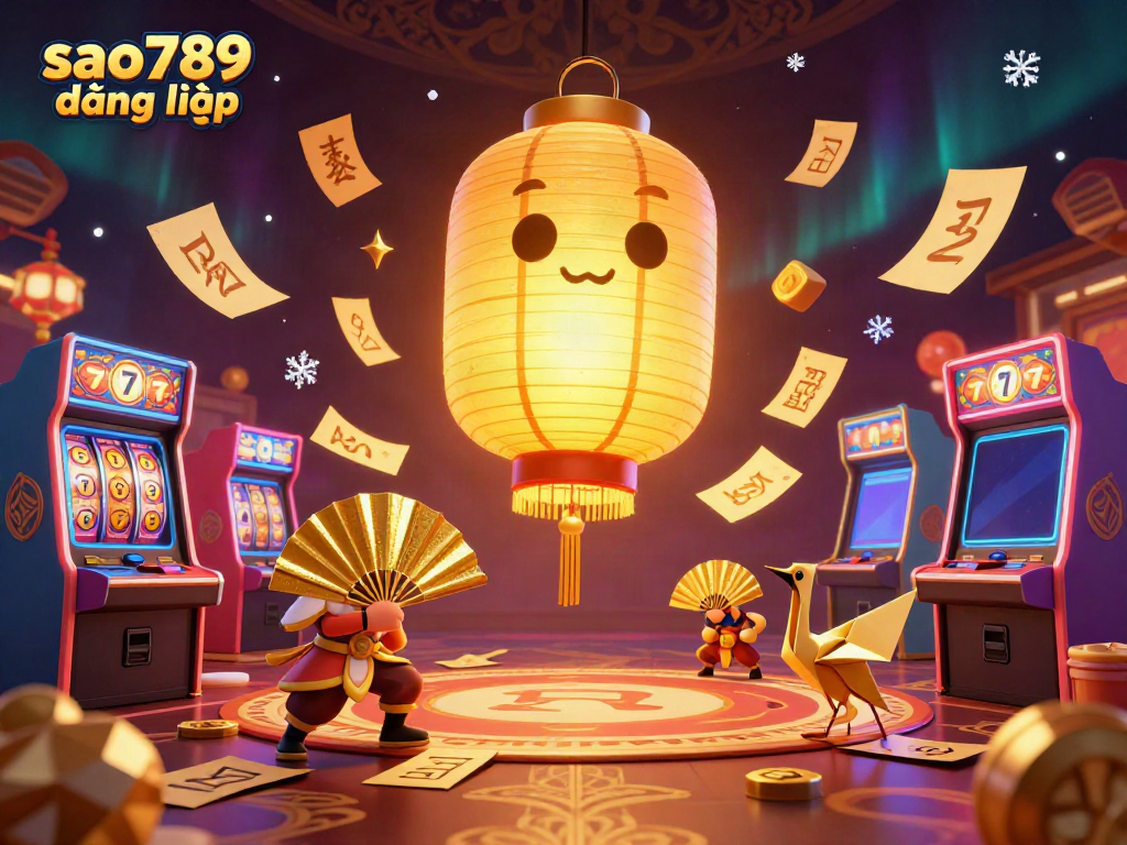 Engage with vibrant gaming at sao789 đăng nhập featuring golden lantern spirits and arcade machines in a lively casino scene.
