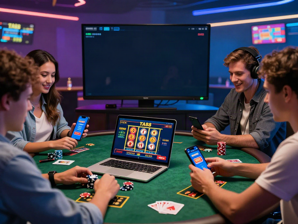 Group enjoying online gaming at https://ta88.network/ with vibrant visuals and engaging atmosphere.