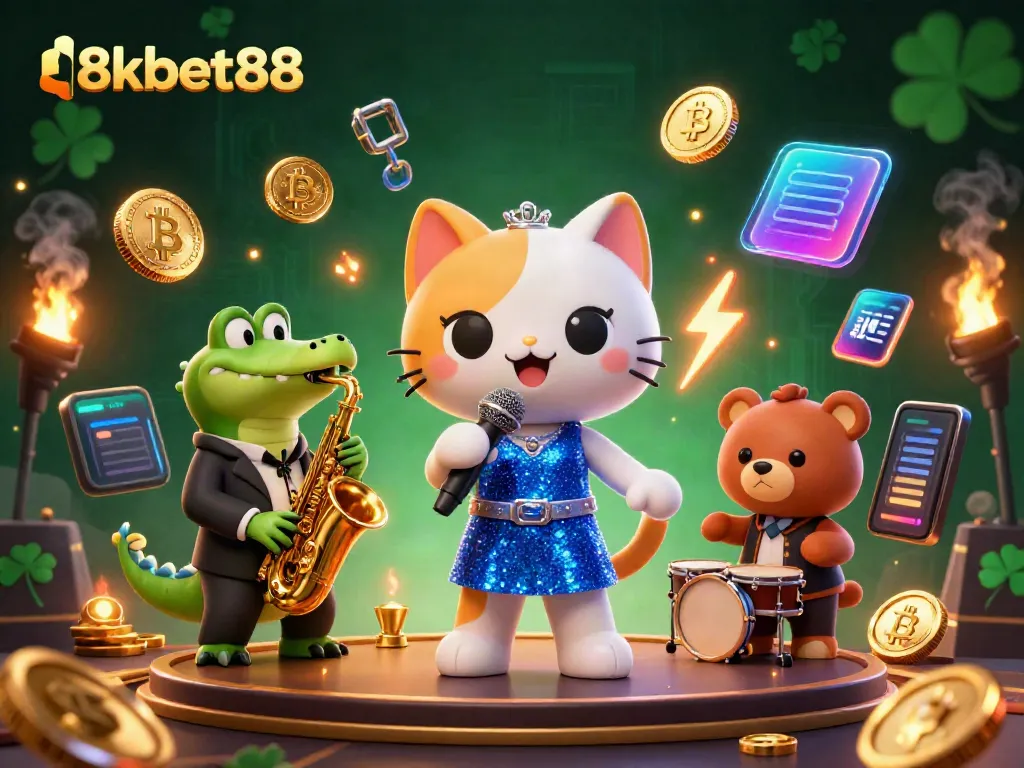 Experience excitement with 8xbet88 in an immersive casino scene featuring whimsical characters and cryptocurrencies.