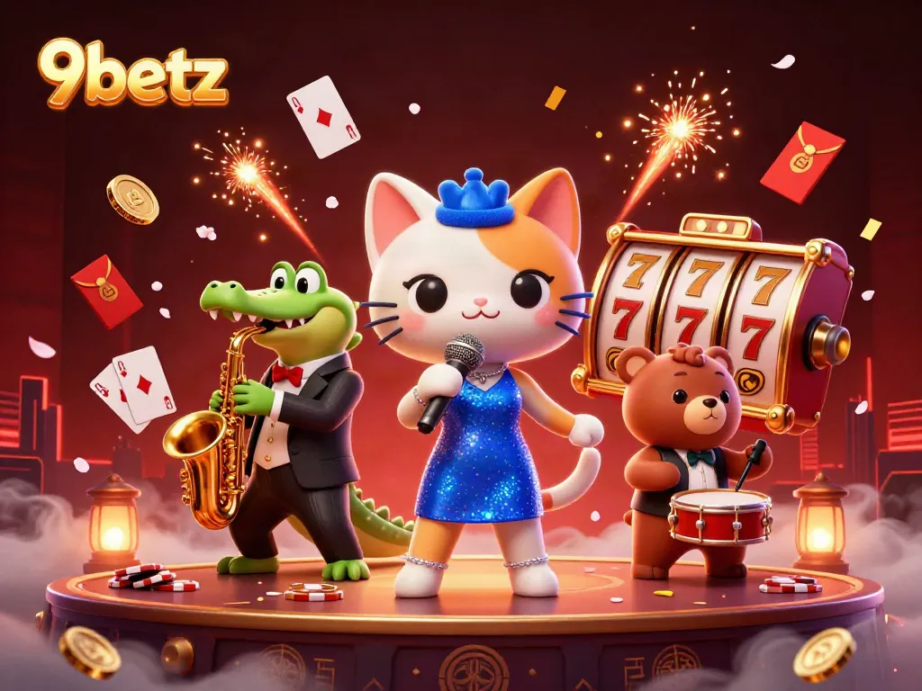 Experience thrilling play at 9betz with dynamic 3D illustrations of vibrant casino characters and elements.