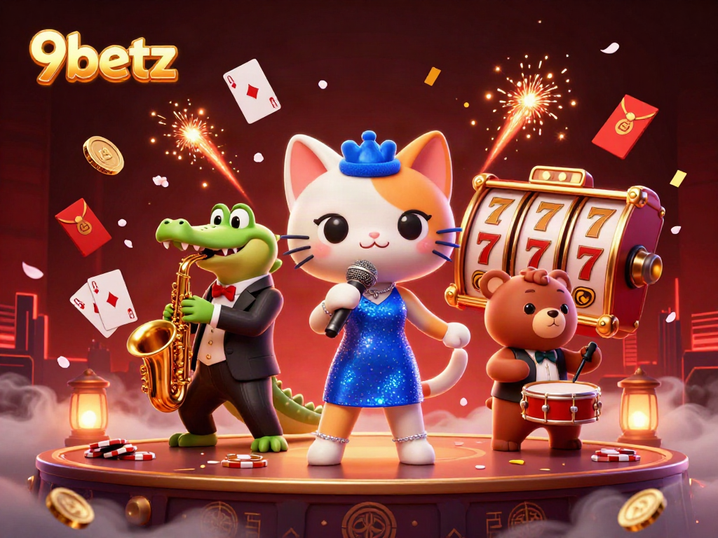 Experience thrilling play at 9betz with dynamic 3D illustrations of vibrant casino characters and elements.